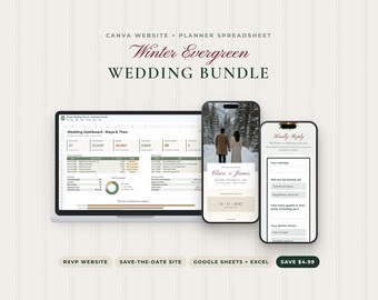 Paquete de sitio web y planificador de bodas Winter Evergreen, sitio de confirmación de asistencia en Canva, tarjetas de "Reserva la fecha", hoja de cálculo de presupuesto