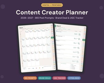 Planificador de creación de contenido 2026-2027, calendario de redes sociales, seguimiento de contenido generado por el usuario (descarga digital)