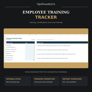 Könnte beinhalten: Ein Excel-Tabellen-Dashboard zur Mitarbeiter-Schulungsverfolgung von OpsFoundryCo. Die Benutzeroberfläche zeigt Manager-Metriken, Zuweisungswerte und Anweisungen zur Überprüfung von Mitarbeiterschulungen und Zertifizierungen.