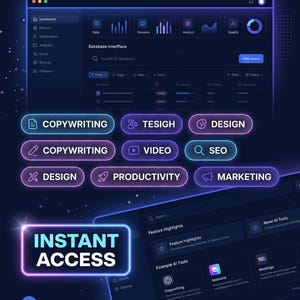 May include: A digital interface graphic titled 3,200+ AI Tools Directory featuring a dark blue dashboard with categories like Copywriting, Design, Video, SEO, Productivity, and Marketing. The layout includes an Instant Access section and a list of example AI tools with a website URL at the bottom.