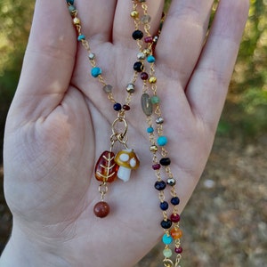 Mushroom Charm Necklace, Crystal, Gold, Rosary, Alt Jewelry, Goldstone, Witchy, Unique, Lucky, Superstitious, Samhain, Mabon, Funky, Autumn