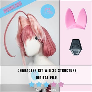 May include: A pink synthetic wig with a long curved strand and styled hair, accompanied by a pair of pink ear-shaped attachments and a black geometric accessory. The image includes the text DOWNLOAD, CHARACTER KIT WIG 3D STRUCTURE -DIGITAL FILE- and MISHOU.WIGS.