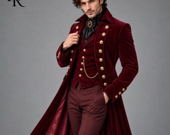 Mens Burgundy Velvet Tailcoat Suit, Victorian Gothic Vampire Costume, Steampunk Wedding Groom Outfit, Red Regency Formal Tuxedo
