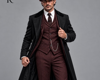 Mens Peaky Blinders Inspired 4 Piece Suit, Burgundy Vintage Waistcoat and Trousers, Black Long Coat, 1920s Gangster Outfit with Cap