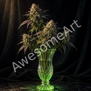 Cannabis Wall Art Set of 5, Dark Botanical Still Life, Kintsugi Vases, Glowing Glass and Art Nouveau Prints, Digital Download