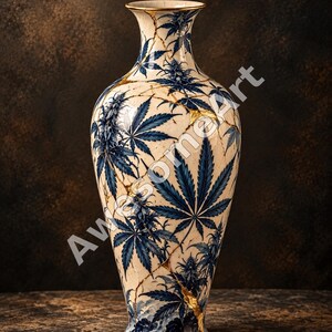 Kintsugi Ceramic Wall Art Set of 5, Cannabis Vases, Ornate Bong, Poppy Jar and Blue Porcelain Box, Digital Download