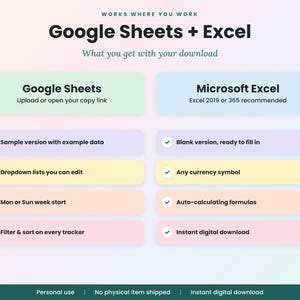 May include: An informational graphic titled Google Sheets + Excel, Works Where You Work. It lists features for both platforms, including sample data, editable dropdowns, currency symbols, auto-calculating formulas, and filter options.