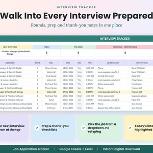 May include: An interview tracker spreadsheet template featuring a table with columns for application, round, type, date, time, location, and prep status. The header reads Walk Into Every Interview Prepared and Interview Tracker.