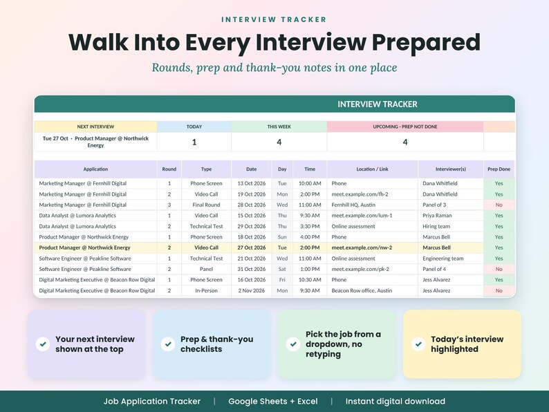 May include: An interview tracker spreadsheet template featuring a table with columns for application, round, type, date, time, location, and prep status. The header reads Walk Into Every Interview Prepared and Interview Tracker.