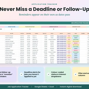 May include: A digital job application tracker spreadsheet featuring columns for company, job title, salary, and status. The interface includes color-coded interest levels, deadline alerts, and automated follow-up reminders for organized career management.