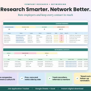 May include: A digital job application tracker spreadsheet featuring two main tables titled Company Research and Networking Contacts. The layout includes columns for company details, ratings, and contact information with text reading Research Smarter. Network Better.