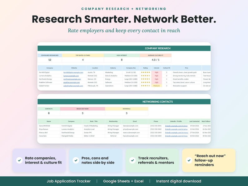 May include: A digital job application tracker spreadsheet featuring two main tables titled Company Research and Networking Contacts. The layout includes columns for company details, ratings, and contact information with text reading Research Smarter. Network Better.
