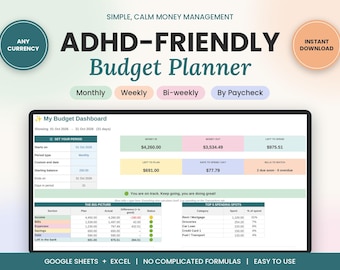 May include: A digital budget planner interface titled My Budget Dashboard, featuring sections for money in, money out, and spending categories. The layout includes tables for monthly financial tracking, income, bills, and expenses, designed for Google Sheets and Excel.