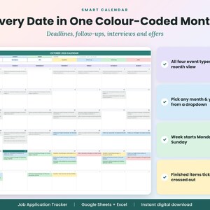 May include: A digital job application tracker calendar for October 2024. The interface features a color-coded monthly grid with columns for deadlines, follow-ups, interviews, and offers. Text includes Smart Calendar, Every Date in One Colour-Coded Month, and feature lists for Google Sheets and Excel.