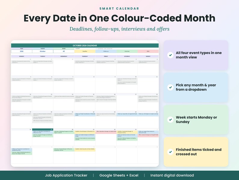 May include: A digital job application tracker calendar for October 2024. The interface features a color-coded monthly grid with columns for deadlines, follow-ups, interviews, and offers. Text includes Smart Calendar, Every Date in One Colour-Coded Month, and feature lists for Google Sheets and Excel.