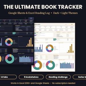 May include: The Ultimate Book Tracker digital dashboard for Google Sheets and Excel features dark and light themes. It includes 14 tabs, 8 bookshelves, a reading challenge, and a series tracker with various charts, graphs, and data tables.
