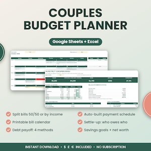 May include: A digital couples budget planner for Google Sheets and Excel featuring a monthly dashboard and calendar. The interface includes dark green headers, financial tables, and text labels for 19 tabs, split bills, payment schedules, and debt payoff methods.