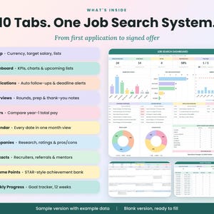 May include: A digital job search system dashboard featuring 10 tabs including setup, dashboard, applications, interviews, offers, calendar, companies, contacts, resume points, and weekly progress, with charts and data tables displayed.