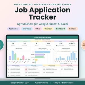 May include: A digital job application tracker spreadsheet for Google Sheets and Excel displayed on a laptop screen. The interface features a dashboard with charts, metrics, and tabs for applications, interviews, offers, and contacts.