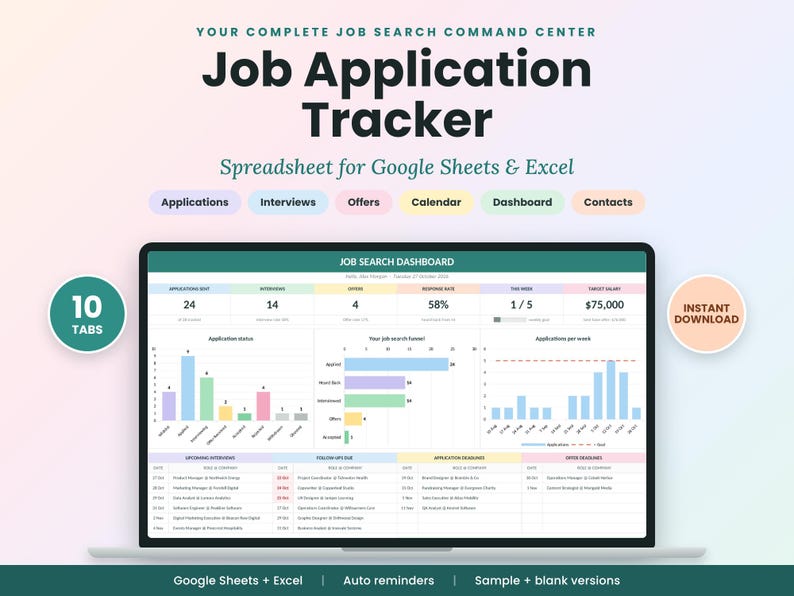May include: A digital job application tracker spreadsheet for Google Sheets and Excel displayed on a laptop screen. The interface features a dashboard with charts, metrics, and tabs for applications, interviews, offers, and contacts.