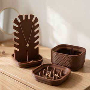 Brown Woven Texture Jewelry Organizer Set, Necklace Stand, Ring Tray (3D Printed)