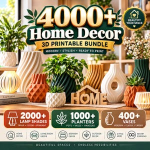 Paquete de más de 4000 archivos STL imprimibles en 3D para decoración del hogar: pantallas de lámparas, macetas, jarrones (descarga digital).