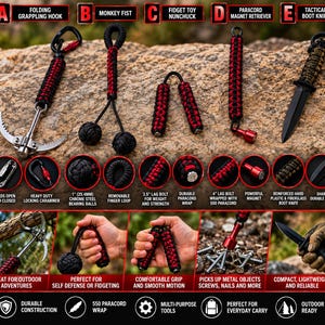 Può includere: Una collezione di cinque strumenti di sopravvivenza con rivestimento in paracord nero e rosso: un rampino pieghevole, un monkey fist, un nunchaku fidget, un magnete di recupero e un coltello tattico da stivale con etichette dettagliate.