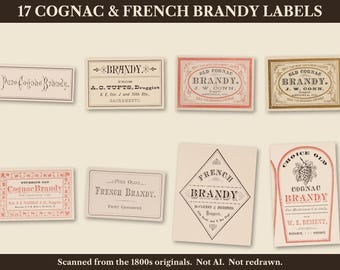 17 etiketten voor brandy, oude cognac en Franse likeurflessen (digitale download)
