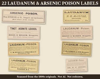 22 etykiety na butelki z trucizną, laudanum, arsen, opium, lata 70. i 80. XIX wieku (pobranie cyfrowe)