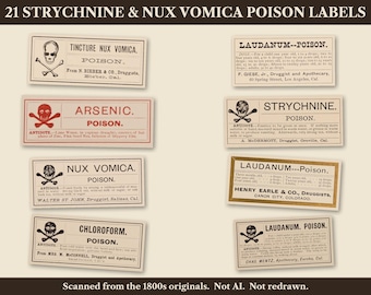 21 etykiet na butelki z trucizną, Strychnina, Nux Vomica, Belladonna (pobranie cyfrowe)