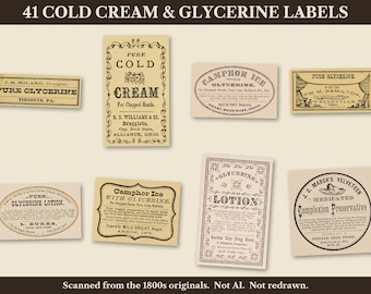 41 etykiet na krem ​​Cold Cream i glicerynę, lód kamforowy, naklejki na słoiki apteczne (do pobrania w wersji cyfrowej)