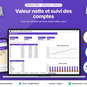 Peut inclure: Un outil de suivi financier numérique affiché sur un écran d'ordinateur et de smartphone, avec le texte 'Valeur nette et suivi des comptes'. L'interface comprend des tableaux de données, des graphiques linéaires et des histogrammes pour la valeur nette, les actifs et les passifs.