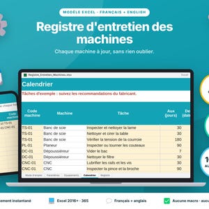 May include: A digital machine maintenance log Excel template displayed on a laptop and smartphone screen. The interface features a calendar, machine codes, task lists, and maintenance schedules in French and English. Icons of a gear, wrench, and calendar surround the central spreadsheet view, with circular badges indicating 5 linked tabs, bilingual support, and automation.