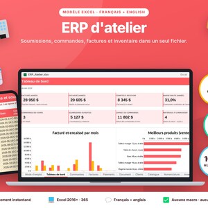 Shop ERP Excel Template for Woodworkers and Makers, Quotes, Orders, Invoices, Inventory and Dashboard, English and French