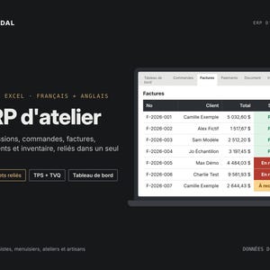 Shop ERP Excel Template for Woodworkers and Makers, Quotes, Orders, Invoices, Inventory and Dashboard, English and French