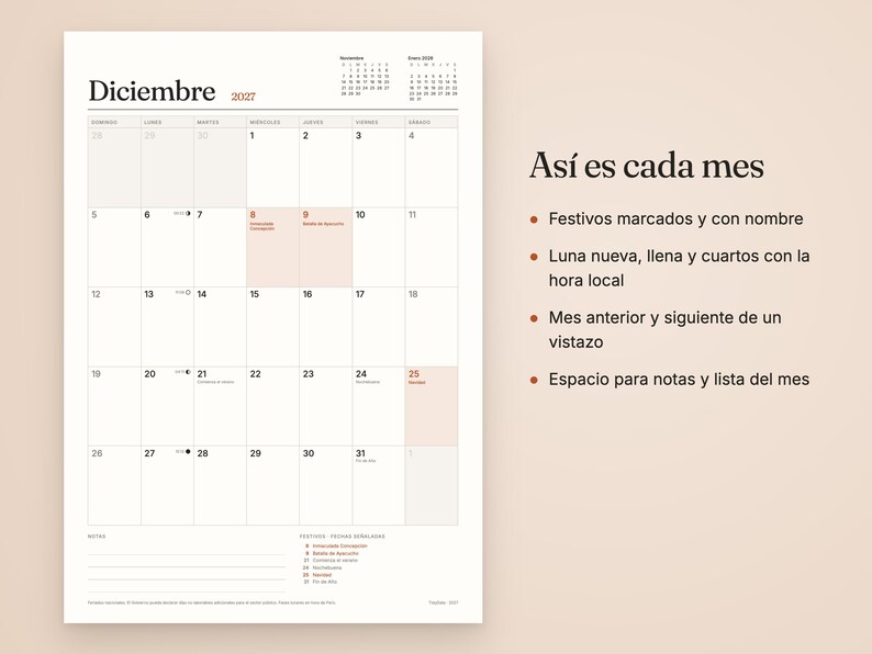 Op de afbeelding: Een wandkalenderpagina voor december 2027 met een rasterindeling, maanfase-iconen en gemarkeerde data. Rechts staat de Spaanse tekst: As&iacute; es cada mes, Festivos marcados y con nombre, Luna nueva, llena y cuartos con la hora local.
