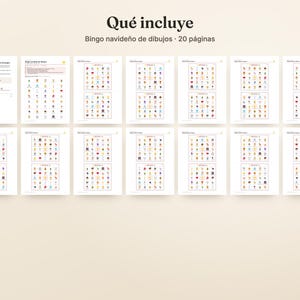 May include: A digital download set of 20 pages featuring a Christmas picture bingo game. The pages include instructional text, a call sheet, and multiple bingo cards with colorful holiday-themed icons arranged in grids. The text reads Qu&eacute; incluye and Bingo navide&ntilde;o de dibujos - 20 p&aacute;ginas.