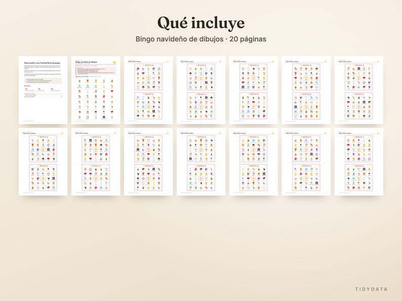 May include: A digital download set of 20 pages featuring a Christmas picture bingo game. The pages include instructional text, a call sheet, and multiple bingo cards with colorful holiday-themed icons arranged in grids. The text reads Qu&eacute; incluye and Bingo navide&ntilde;o de dibujos - 20 p&aacute;ginas.