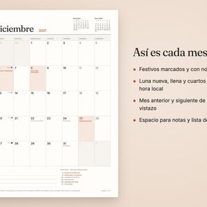 May include: A December 2027 wall calendar page with a grid layout, featuring the text Diciembre 2027, small monthly calendars, and a list of holidays. To the right, the text As&iacute; es cada mes lists features including marked holidays, moon phases with local times, and a notes section.