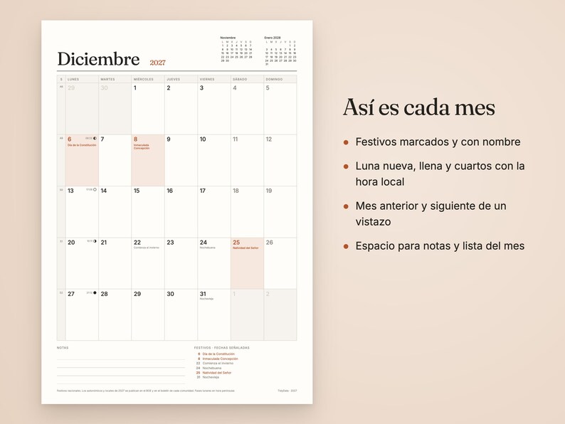May include: A December 2027 wall calendar page with a grid layout, featuring the text Diciembre 2027, small monthly calendars, and a list of holidays. To the right, the text As&iacute; es cada mes lists features including marked holidays, moon phases with local times, and a notes section.