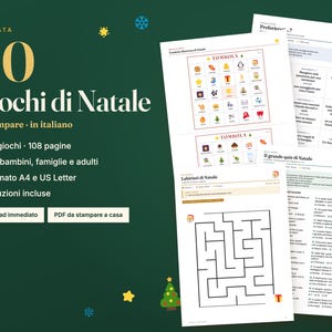 Op de afbeelding: Een digitale collectie van 40 printbare kerstspellen in het Italiaans, met 108 pagina's aan activiteiten waaronder een Tombola-bord, een kerstquiz en doolhoven. De set wordt gepresenteerd op een donkergroene achtergrond met gouden tekst.