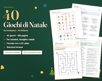 Peut inclure: Un ensemble numérique de 40 jeux de Noël imprimables en italien, comprenant 108 pages d'activités dont un plateau de Tombola, un quiz de Noël et des labyrinthes. Le tout est présenté sur un fond vert foncé avec du texte doré.