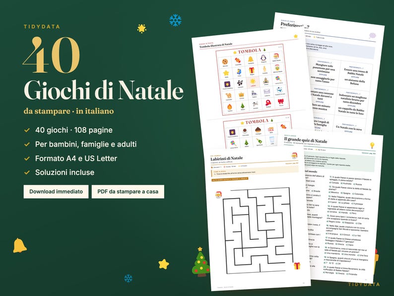 Op de afbeelding: Een digitale collectie van 40 printbare kerstspellen in het Italiaans, met 108 pagina's aan activiteiten waaronder een Tombola-bord, een kerstquiz en doolhoven. De set wordt gepresenteerd op een donkergroene achtergrond met gouden tekst.