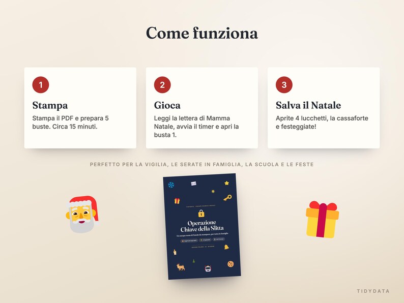 May include: A digital game guide titled Operazione Chiave della Slitta with three steps: Stampa, Gioca, and Salva il Natale. The dark blue card features icons of a key, star, and gift, flanked by a Santa Claus graphic and a yellow gift box.