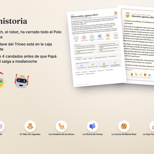 May include: A printed game instruction sheet titled La historia featuring text about a robot named Glitch locking the North Pole. Includes icons of Santa, a robot, and six circular mission markers with symbols for mail, a bear, reindeer, mailbox, cookie, and sleigh.