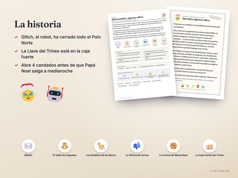 May include: A printed game instruction sheet titled La historia featuring text about a robot named Glitch locking the North Pole. Includes icons of Santa, a robot, and six circular mission markers with symbols for mail, a bear, reindeer, mailbox, cookie, and sleigh.