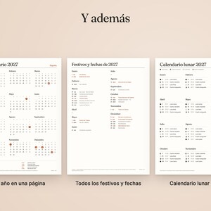 May include: Three white pages featuring a 2027 calendar, a list of holidays and dates for 2027, and a 2027 lunar calendar. The text is in Spanish, with the headers reading Calendario 2027, Festivos y fechas de 2027, and Calendario lunar 2027.