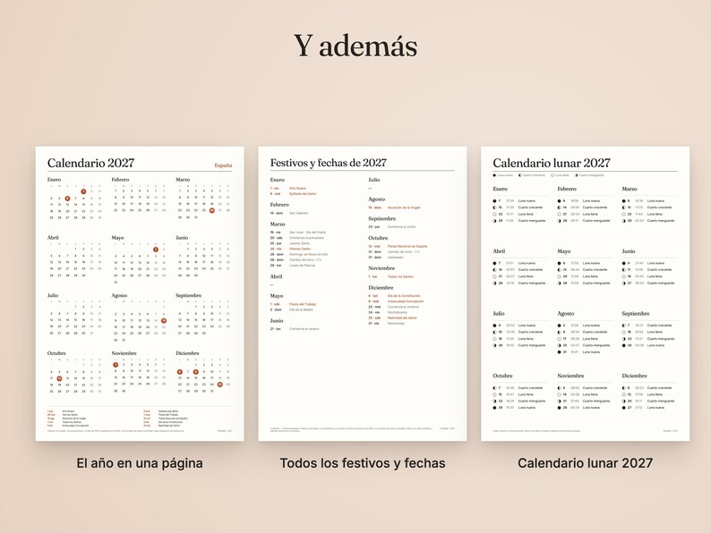 May include: Three white pages featuring a 2027 calendar, a list of holidays and dates for 2027, and a 2027 lunar calendar. The text is in Spanish, with the headers reading Calendario 2027, Festivos y fechas de 2027, and Calendario lunar 2027.