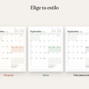K&ouml;nnte beinhalten: Drei druckbare Kalenderseiten f&uuml;r September 2027, jeweils in einem anderen Farbschema: Terrakotta, Salbeigr&uuml;n und schwarze Tinte. Der Text 'Elige tu estilo' steht oben, mit 'Septiembre' und den Datumszahlen in jedem Raster.