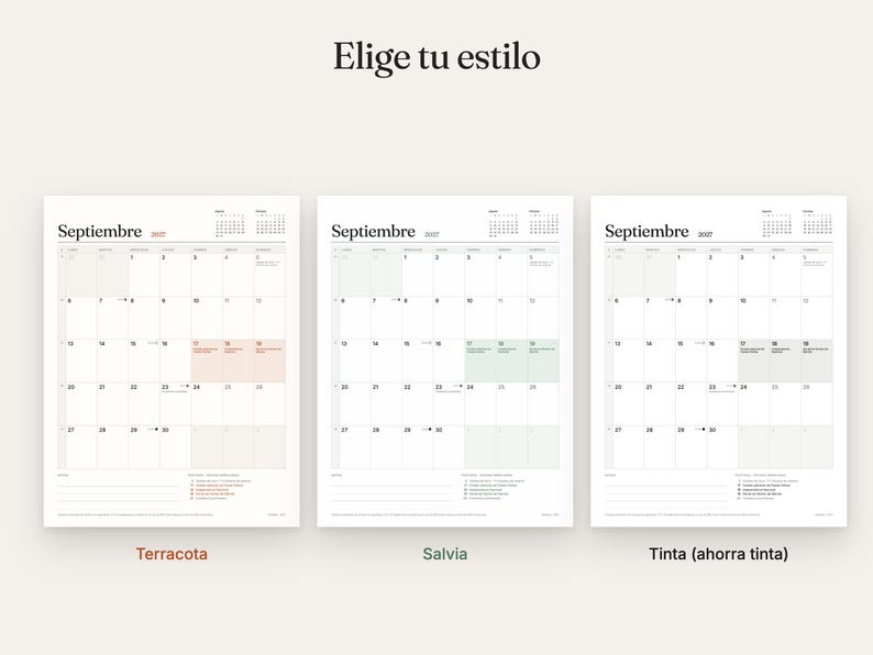 K&ouml;nnte beinhalten: Drei druckbare Kalenderseiten f&uuml;r September 2027, jeweils in einem anderen Farbschema: Terrakotta, Salbeigr&uuml;n und schwarze Tinte. Der Text 'Elige tu estilo' steht oben, mit 'Septiembre' und den Datumszahlen in jedem Raster.